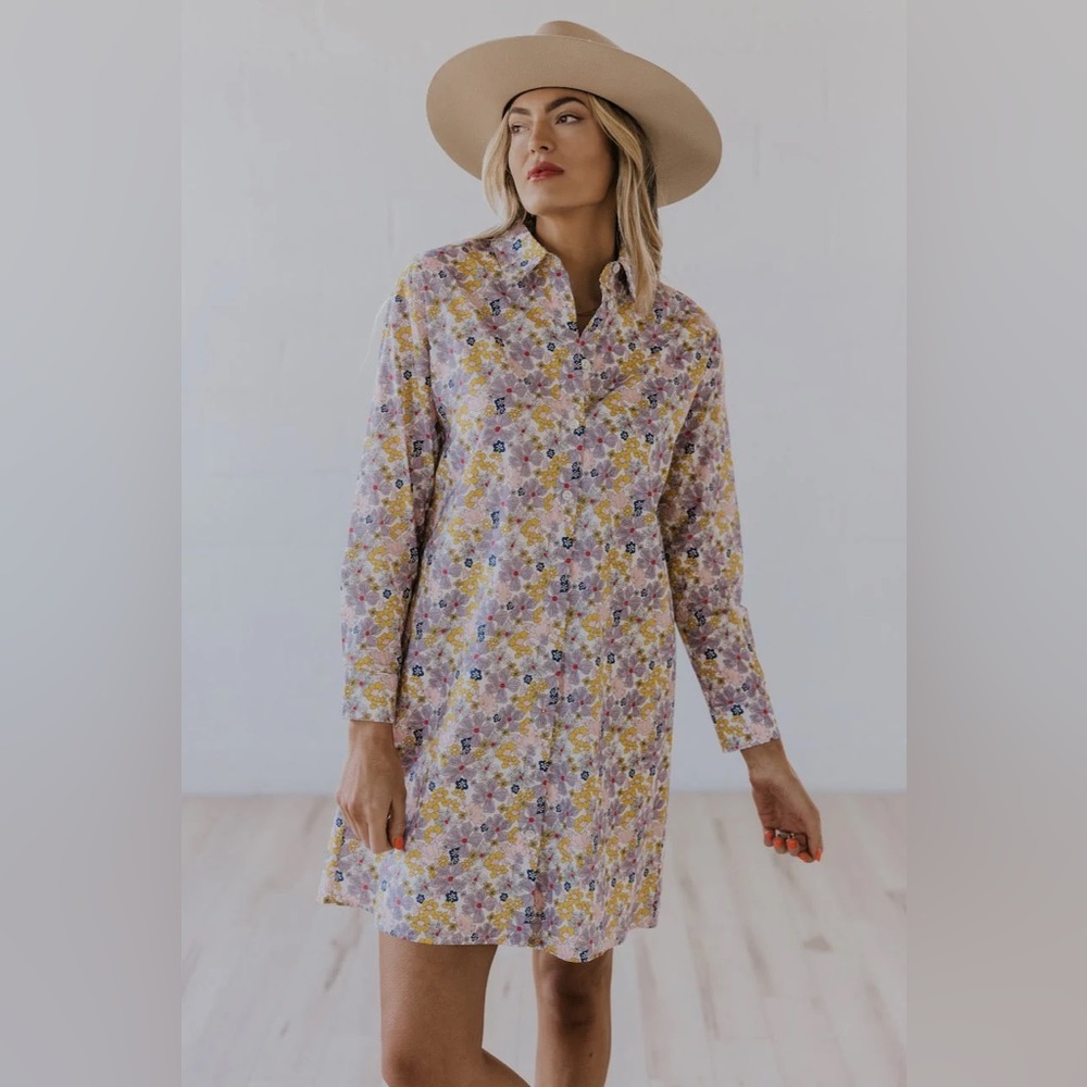 Roolee Floral Cotton Long Sleeve Shirt Dress Purple & Yellow size Medium